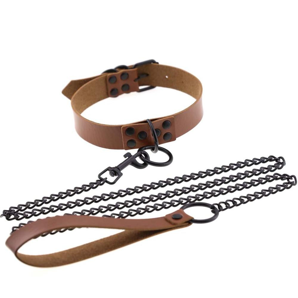 Brown Leather Collar With Black Chain Leash
