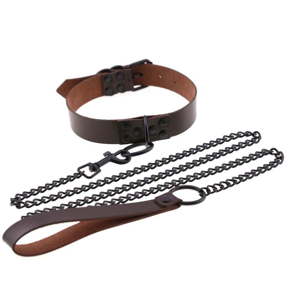 Dark Brown Leather Collar With Black Chain Leash