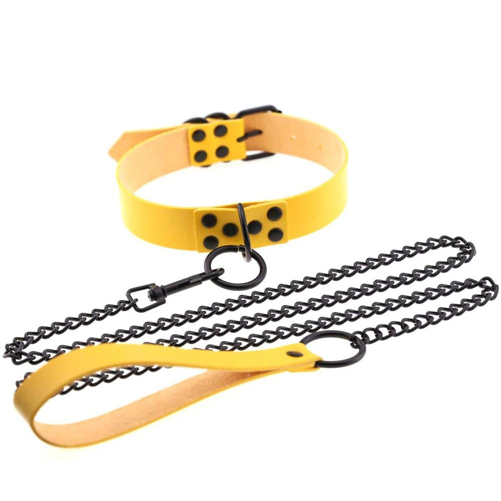 Yellow Leather Collar With Black Chain Leash