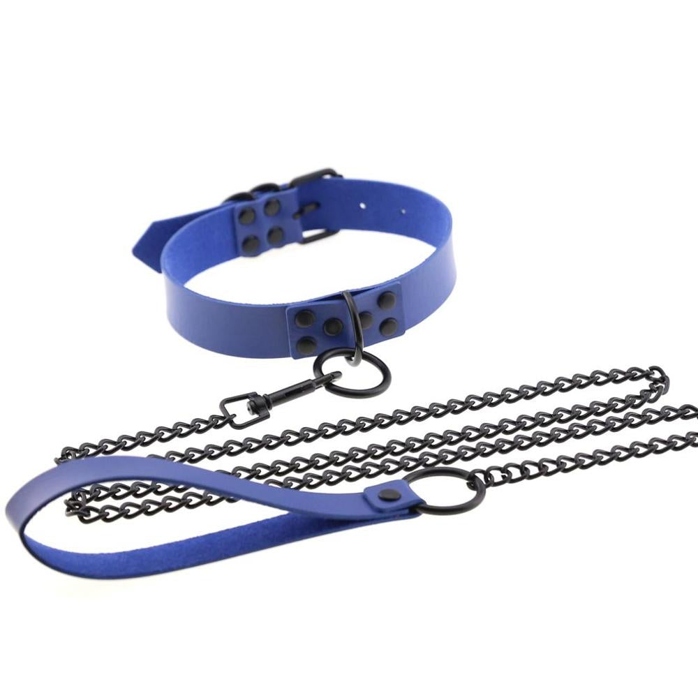 Blue  Leather Collar With Black Chain Leash