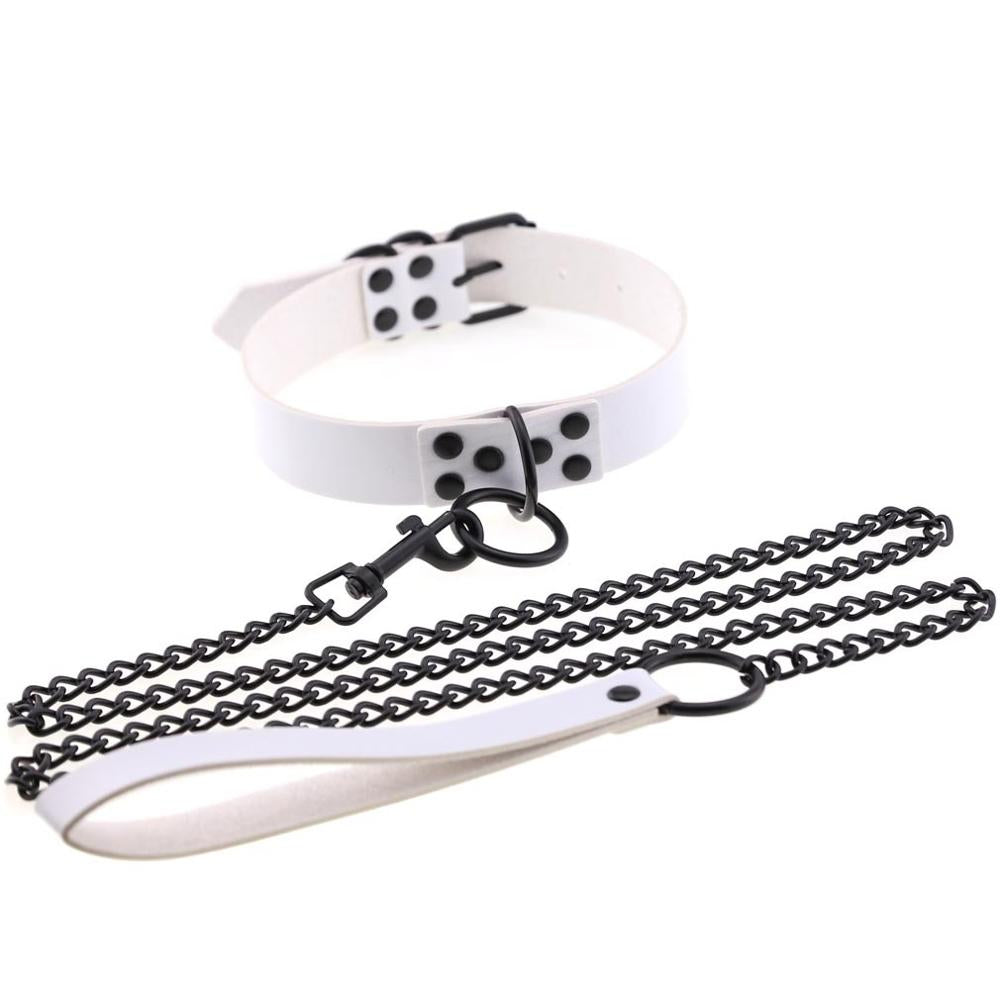 White Leather Collar With Black Chain Leash