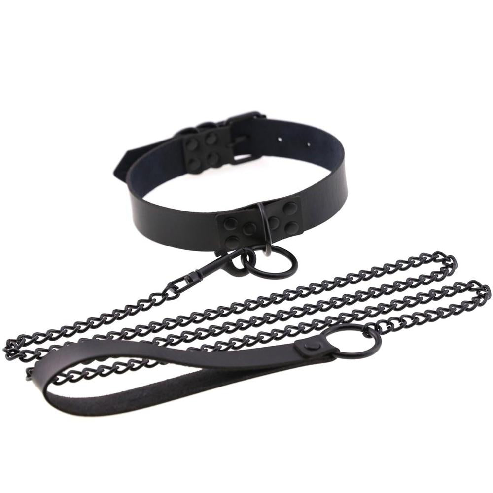 Black Leather Collar With Black Chain Leash