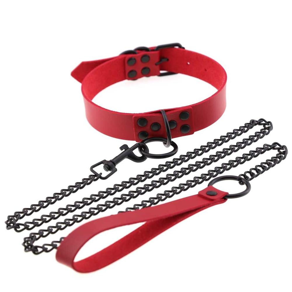 Red Leather Collar With Black Chain Leash