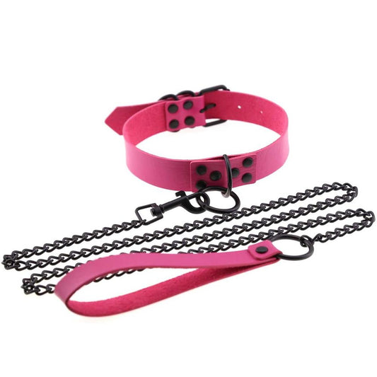 Dark Pink Leather Collar With Black Chain Leash