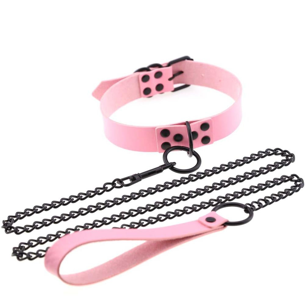Pink Leather Collar With Black Chain Leash