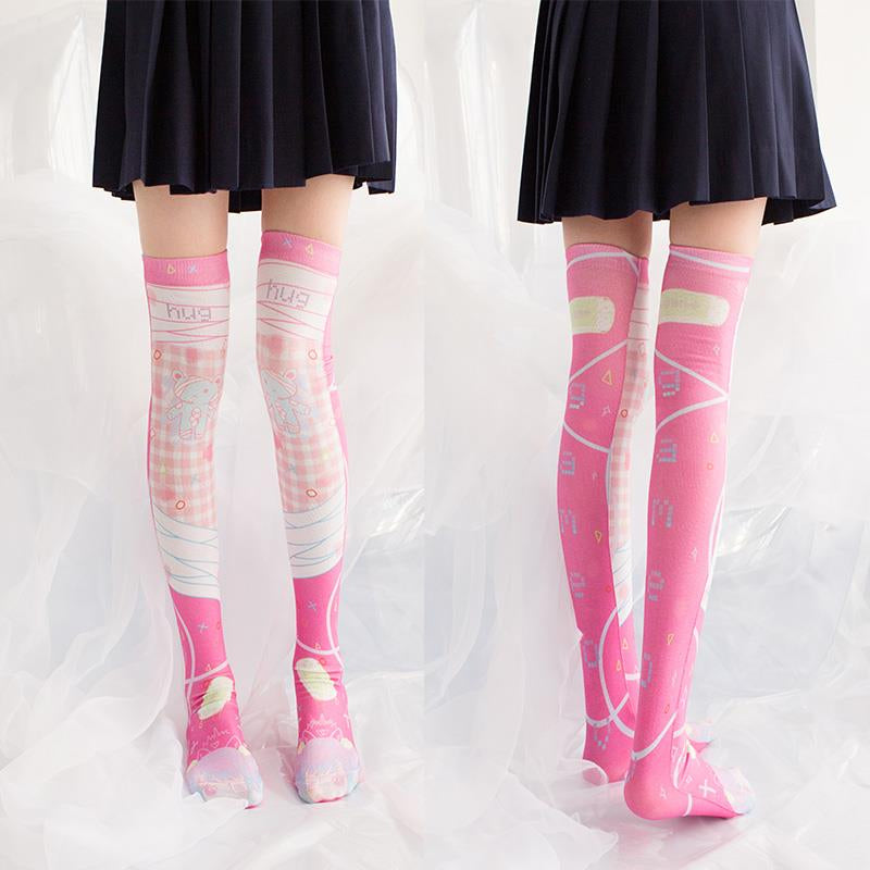 Pink Bandaged Bears Thigh Highs Front and Back Side