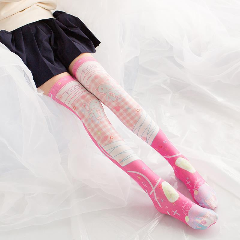 Pink Bandaged Bears Thigh Highs