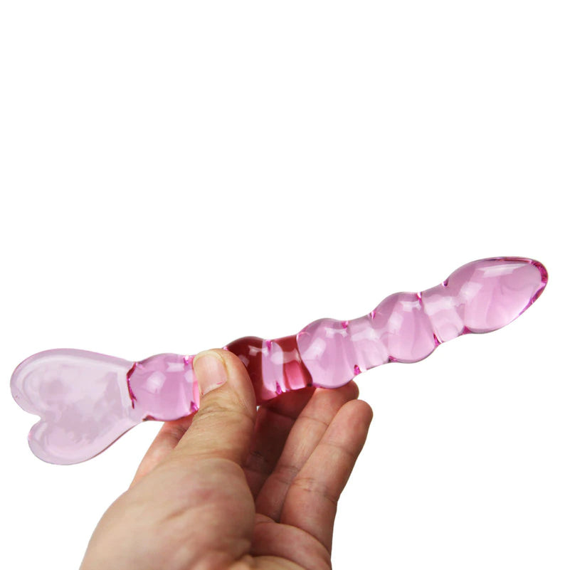Hand Holding Pink Heart Beaded Glass Dildo Profile 