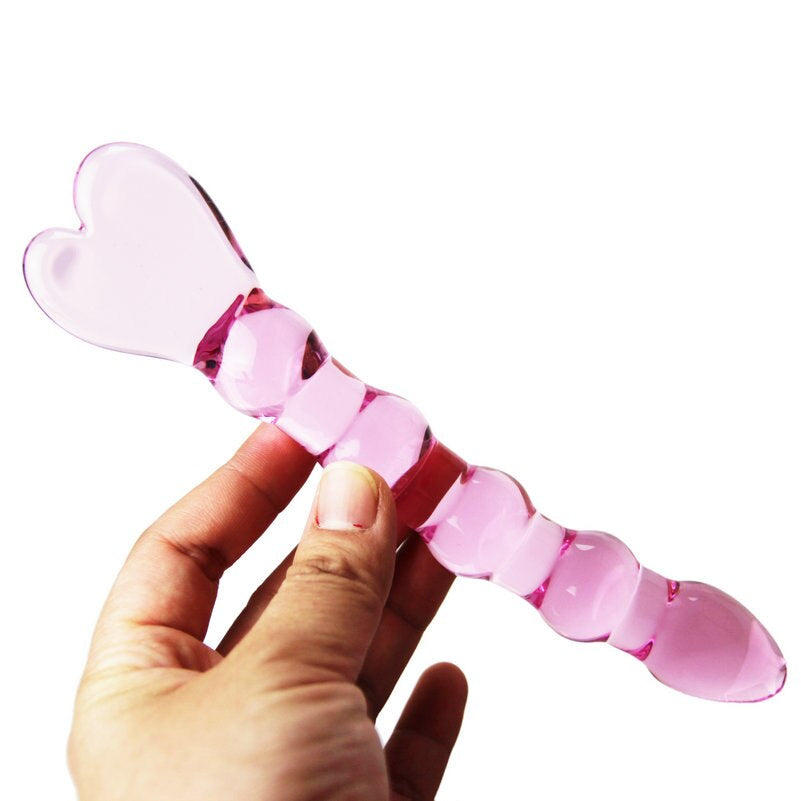 Hand Holding Pink Heart Beaded Glass Dildo