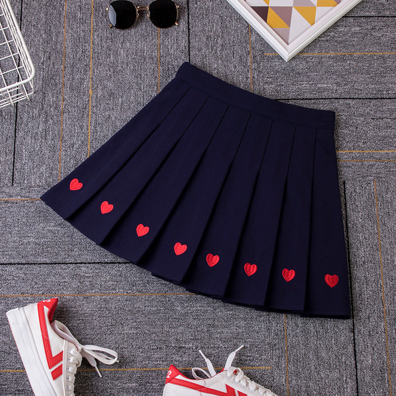 Red Heart Pleated Blue Skirt