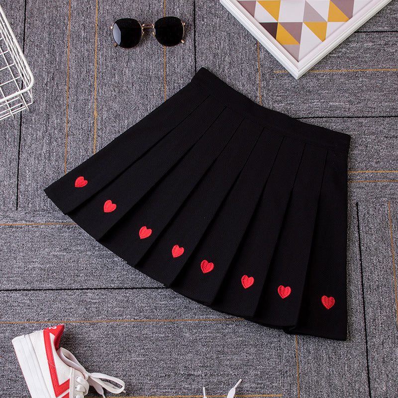 Red Heart Pleated Black Skirt