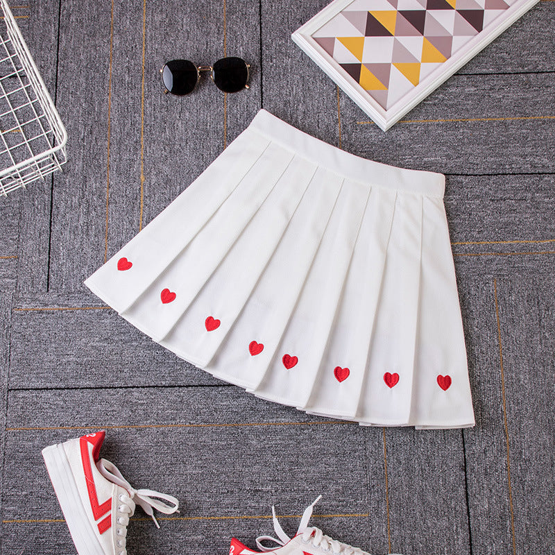 Red Heart Pleated White Skirt