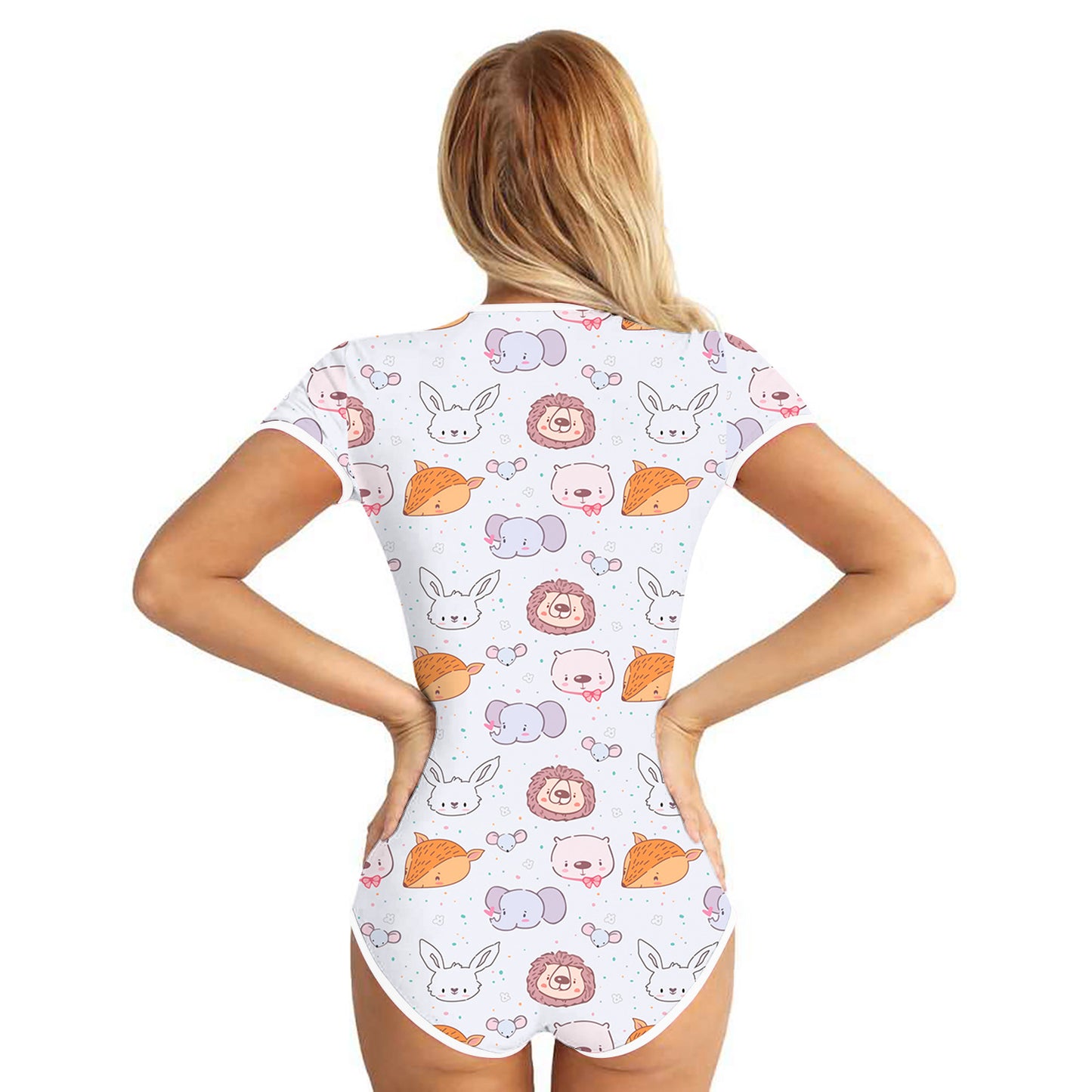 Woman Wearing Cute Animal Print Onesie Back Side